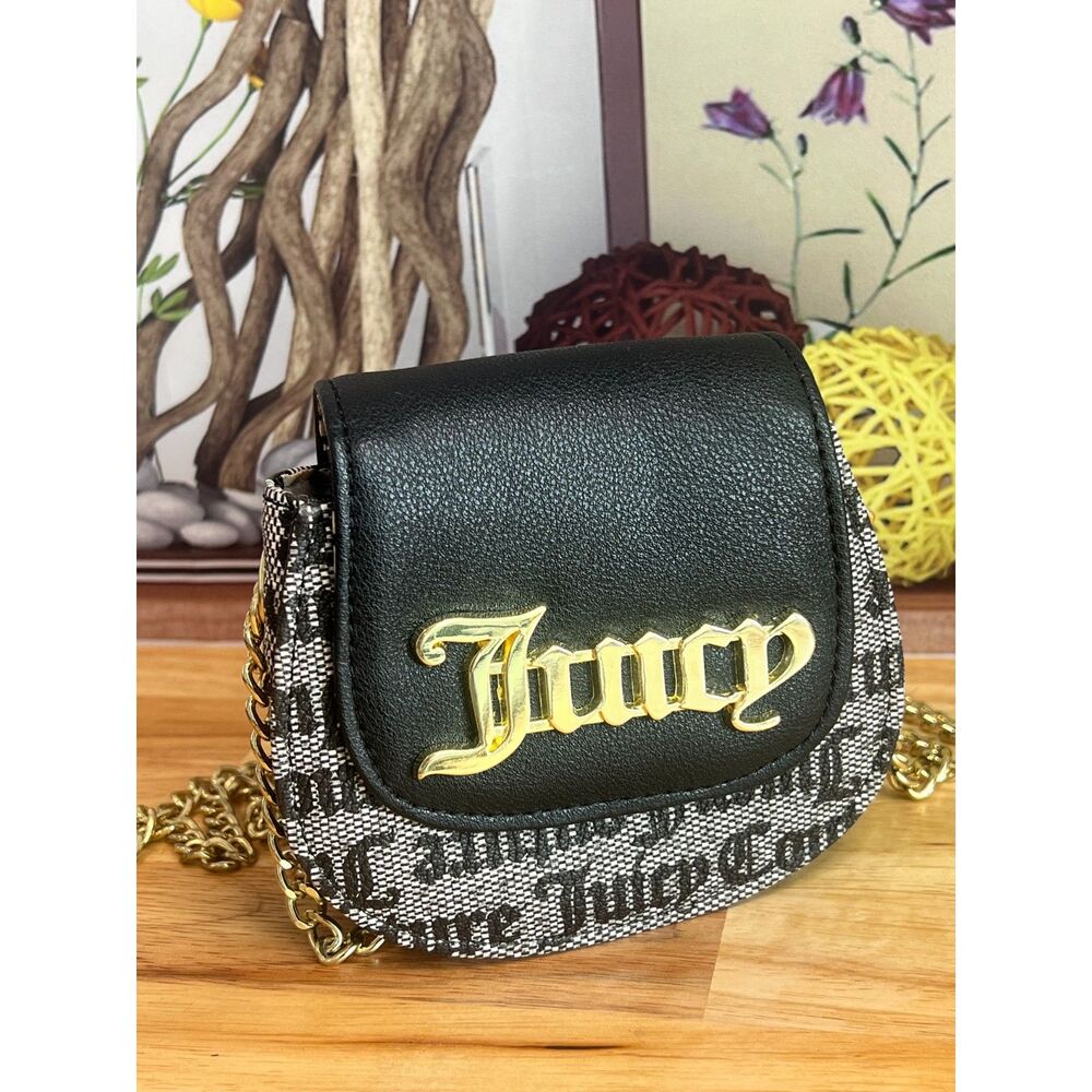 Juicy Couture Mini Crossbody Bag Black Gold Chain Checkerboard Logo Flap